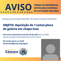 TERMO DE REFERÊNCIA RETIFICADO - DISPENSA DE LICITAÇÃO 002/2023 - AQUISIIÇÃO DE PLACA DE GALERIA EM CHAPA INOX